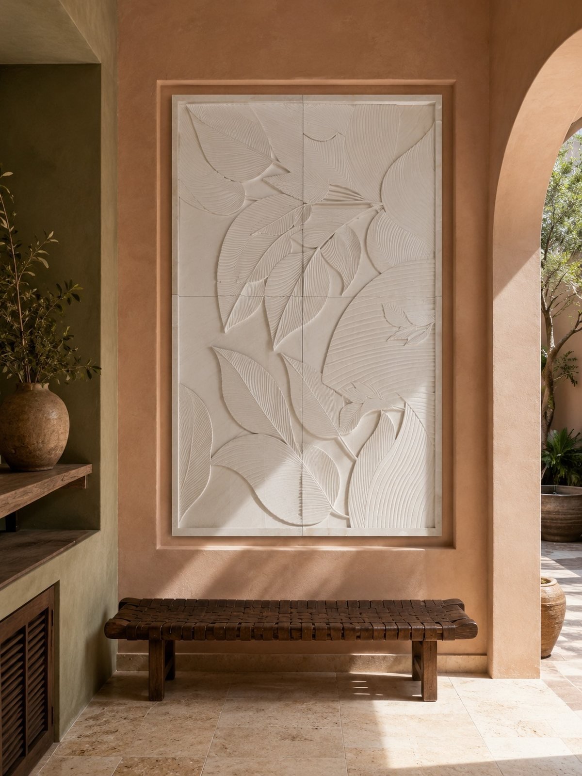 Banana leaf, four-panel — carved in cream limestone