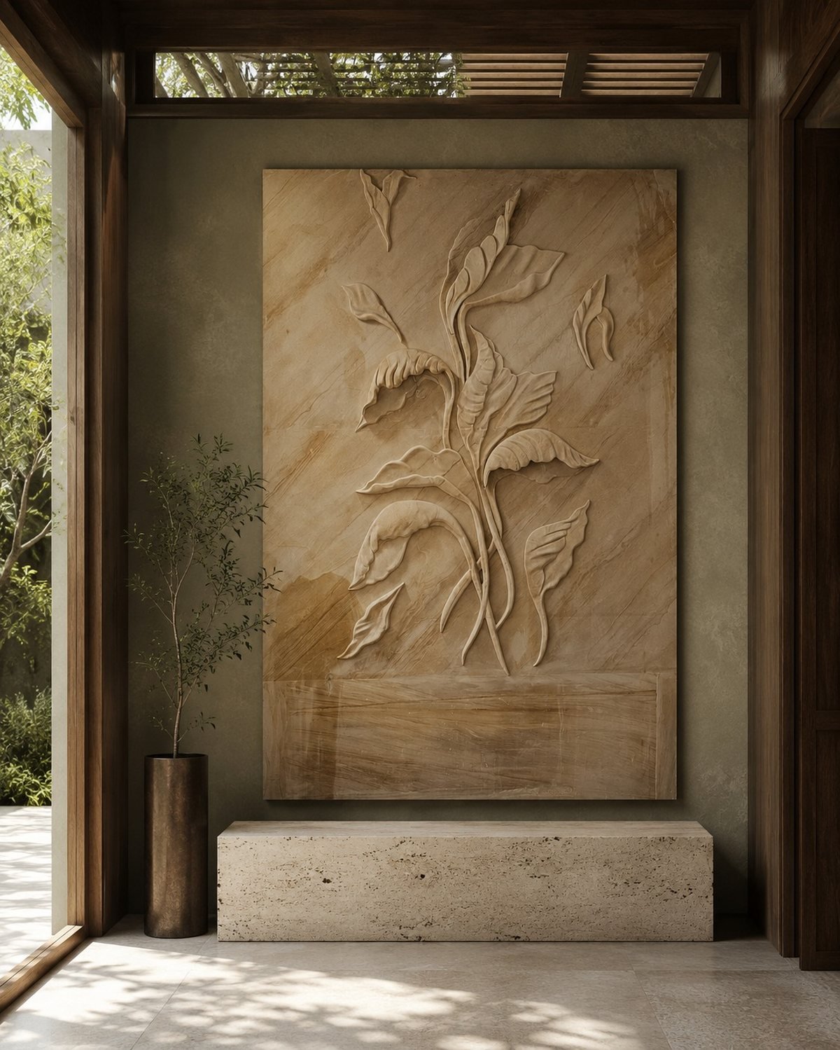 Hand-finished botanical leaf relief carved in Rajasthan sandstone