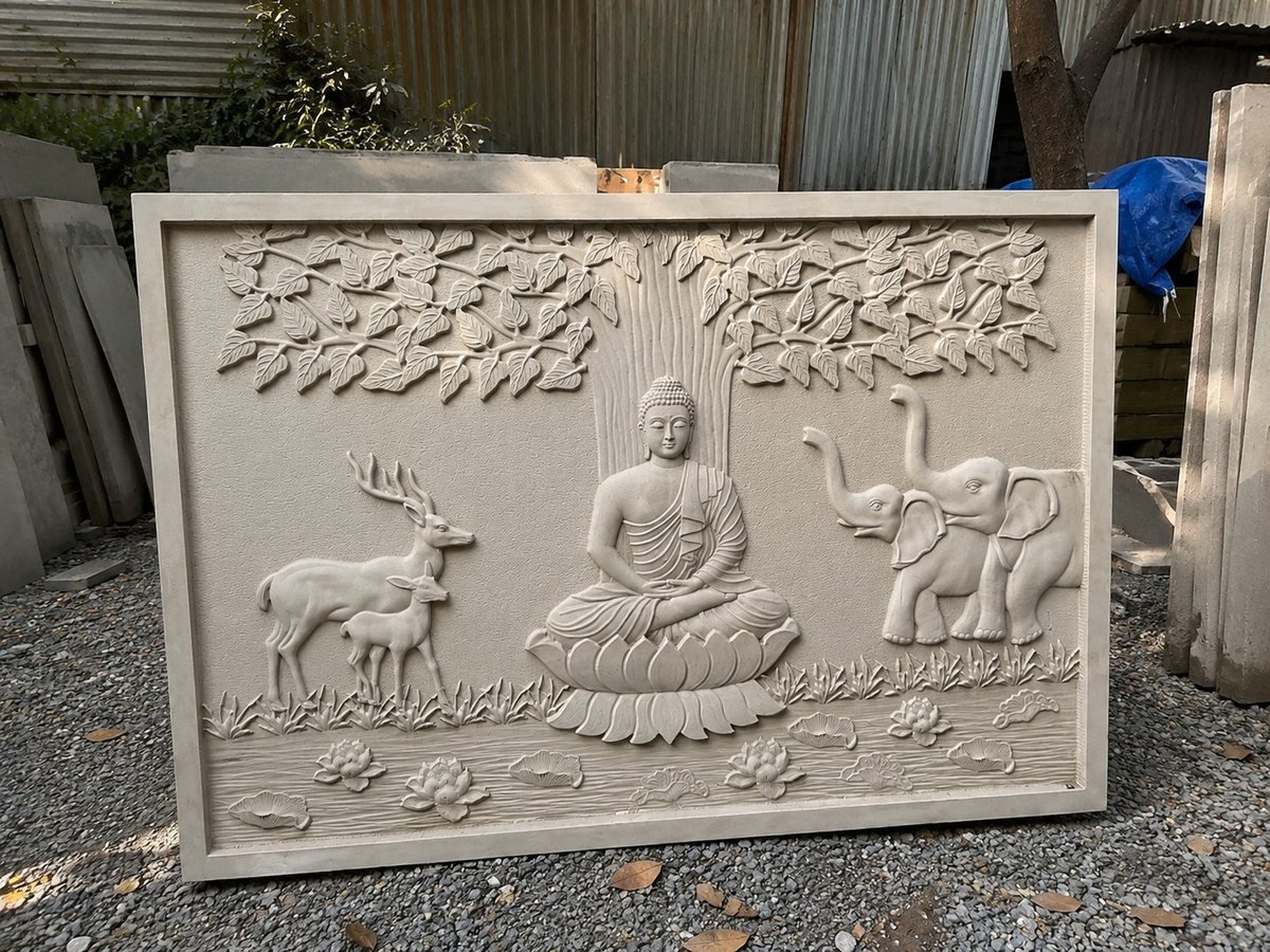 Buddha in the forest — carved in beige sandstone