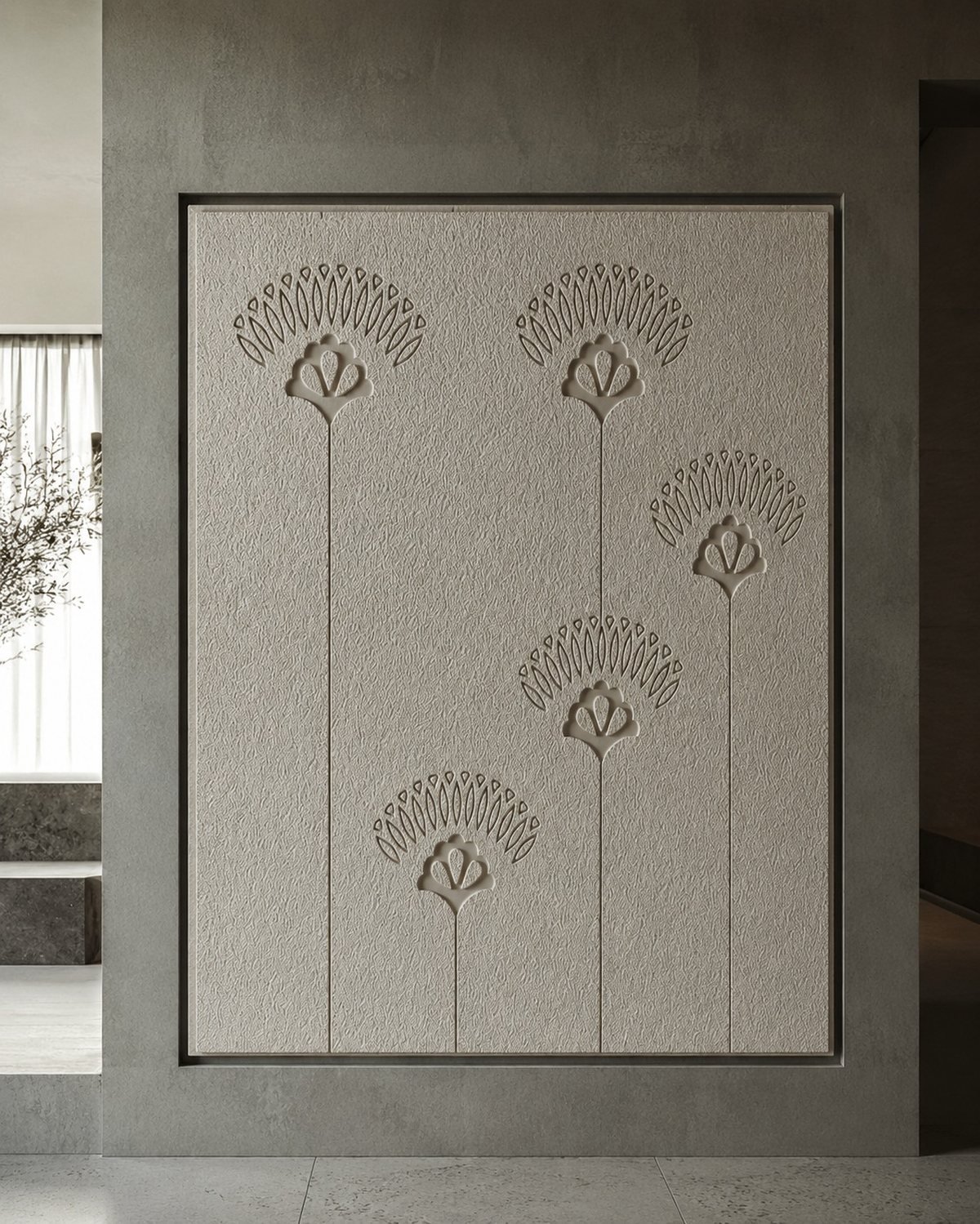 Fan motif field — carved in textured sandstone
