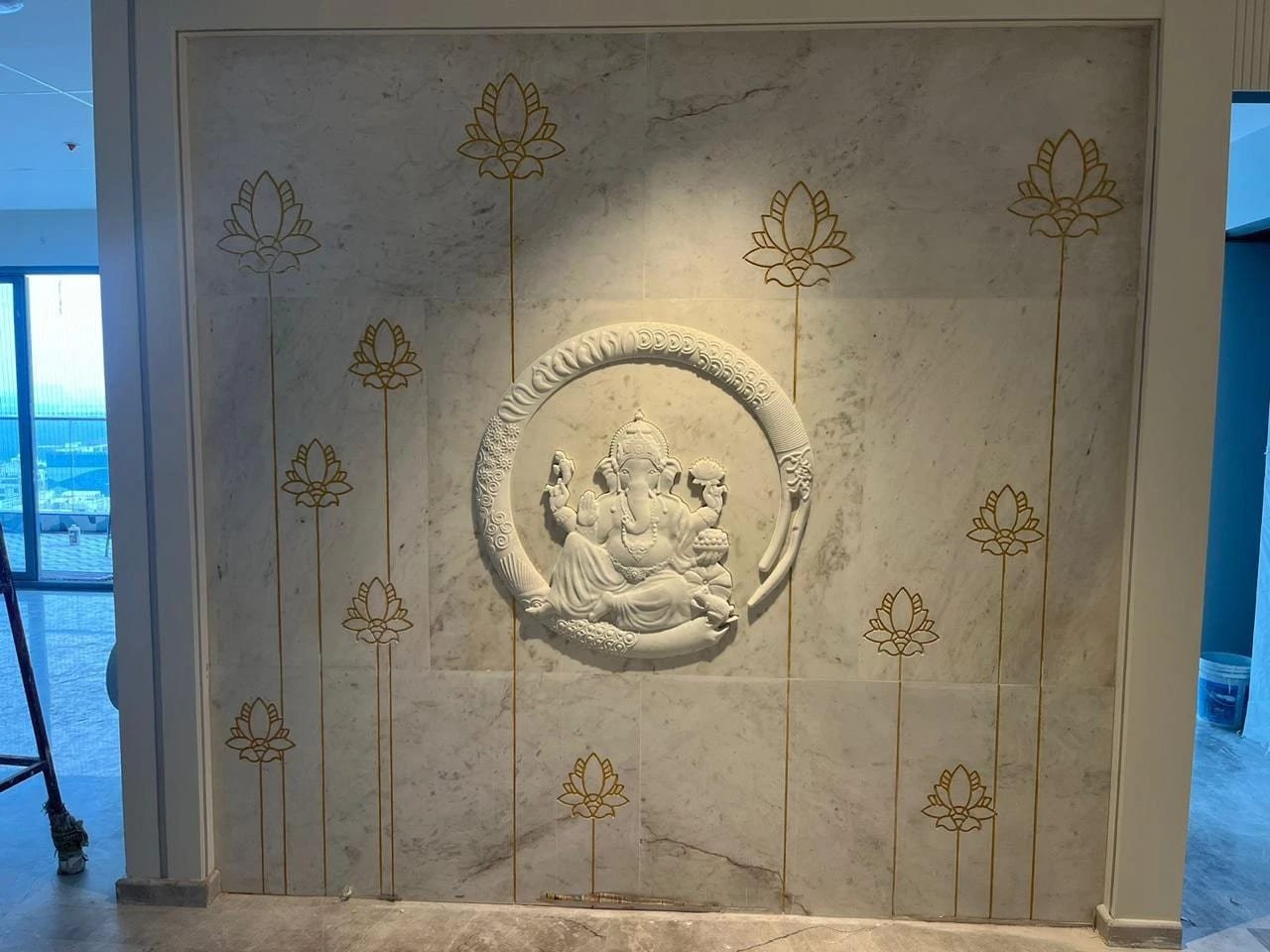 Ganesha, lotus inlay — carved in white marble & brass