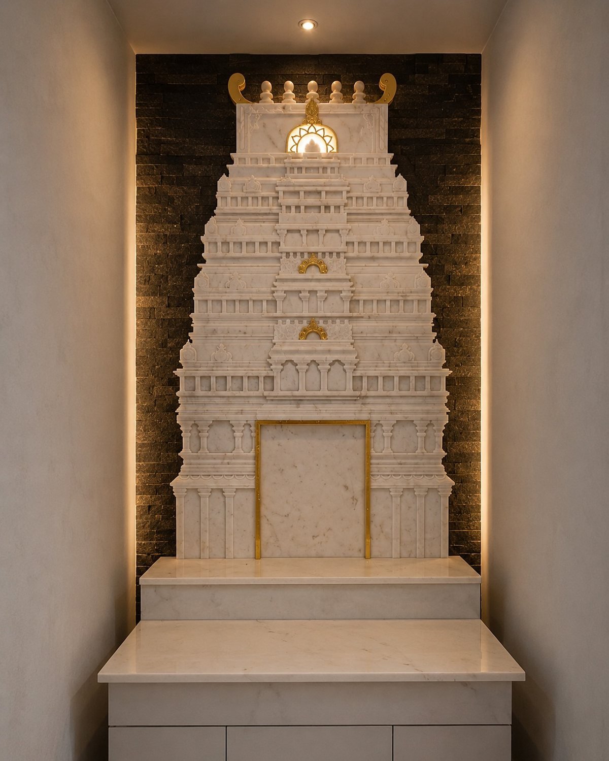 Gopuram shrine — carved in white marble &amp; gold