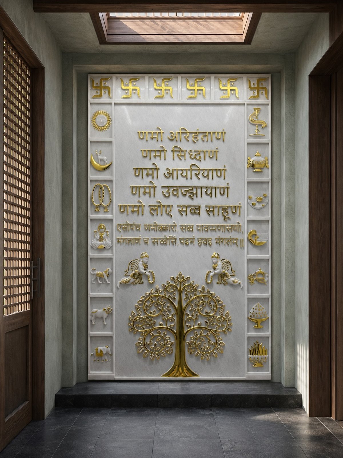 Navkar Mantra — carved in marble &amp; gold leaf