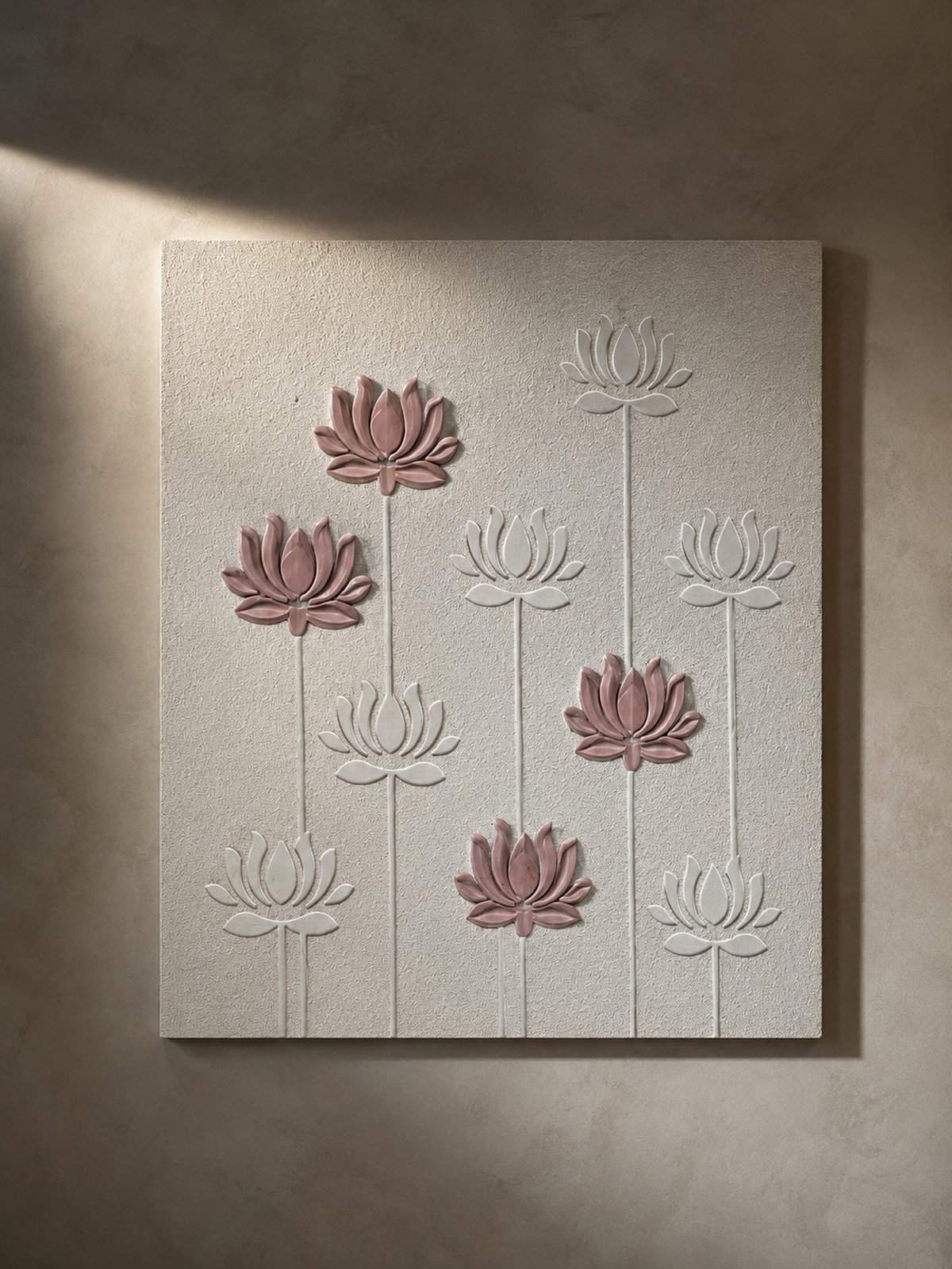 Lotus field — carved in marble, rose inlay