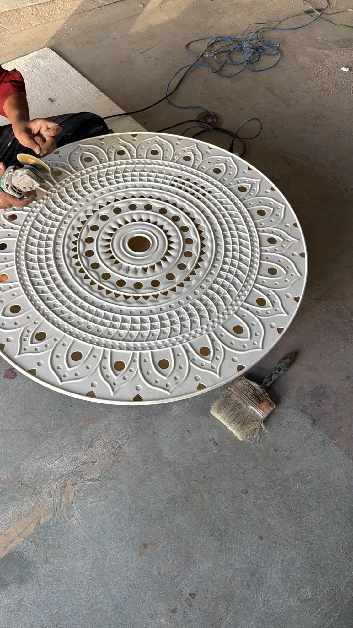 Mandala table top — carved in white marble