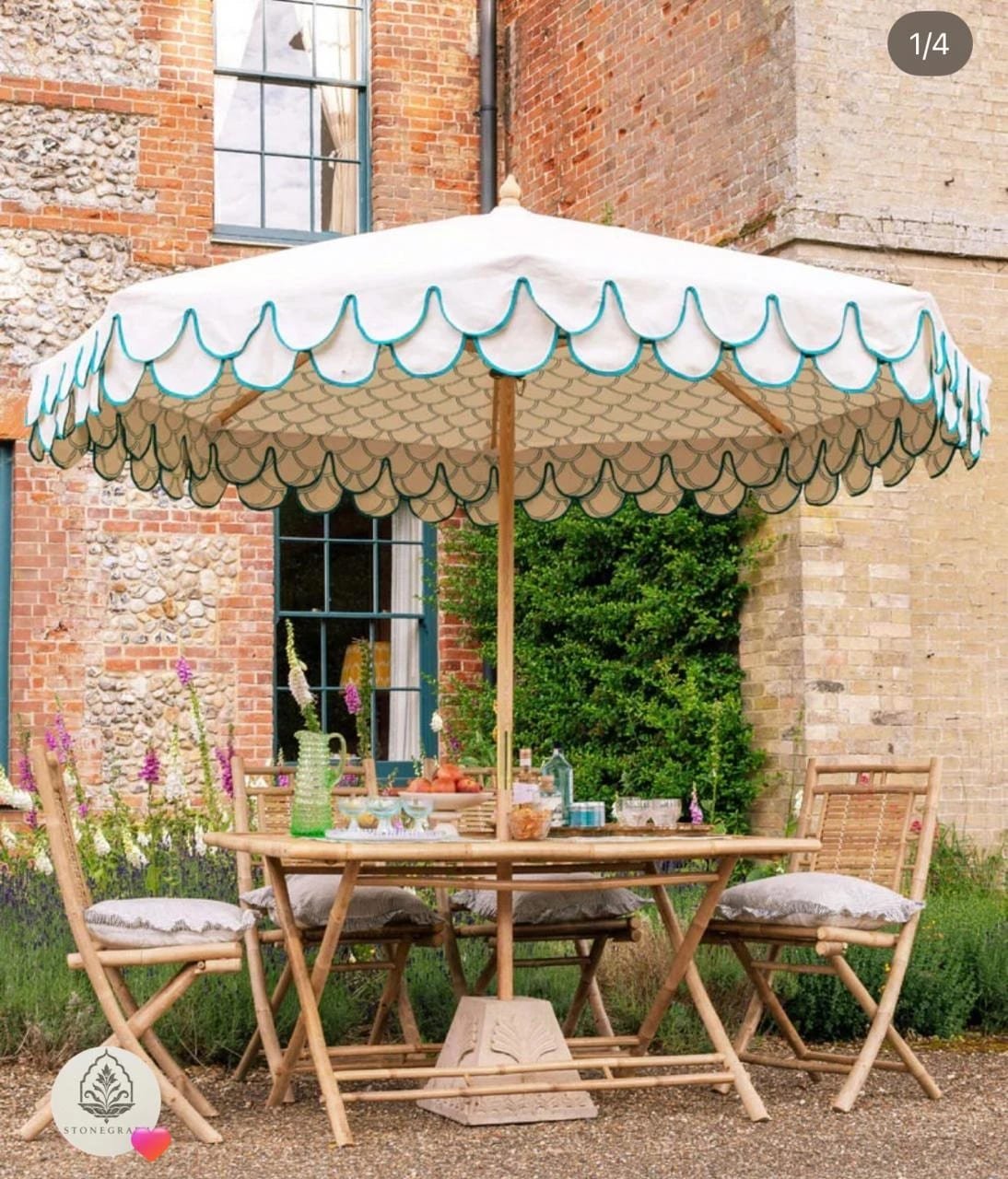 Scalloped parasol, terrace — carved in sandstone base