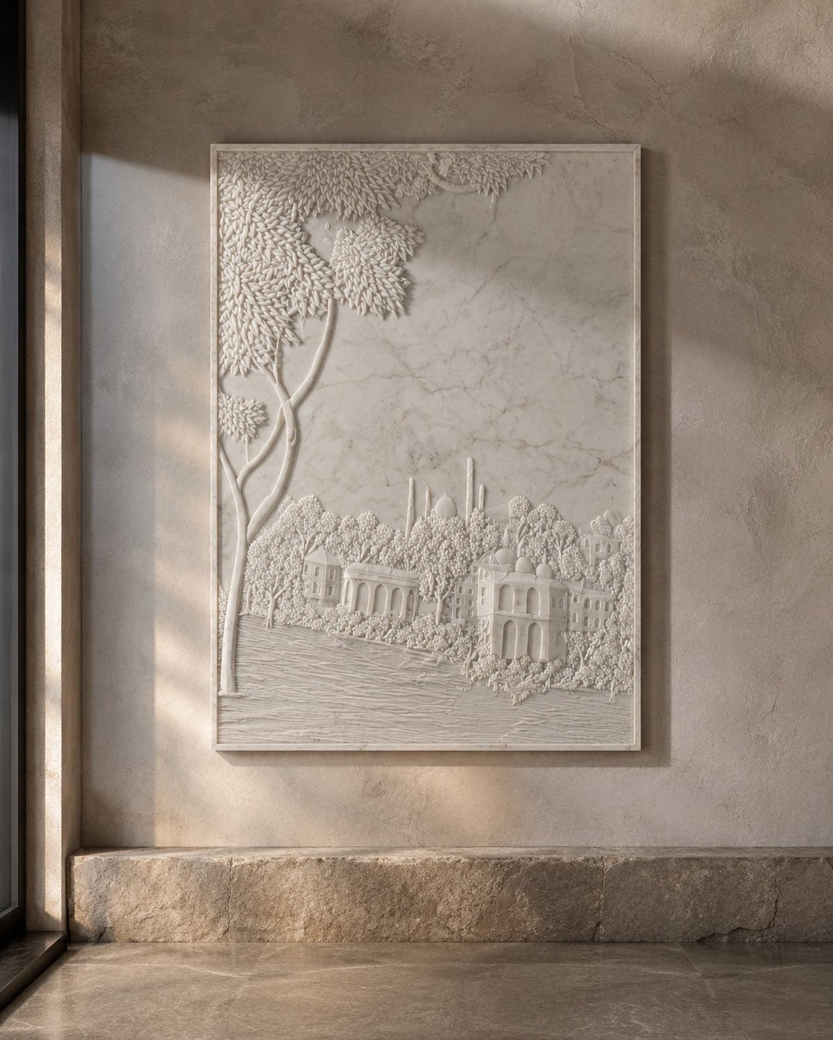 Layered pictorial relief carved in Statuario marble