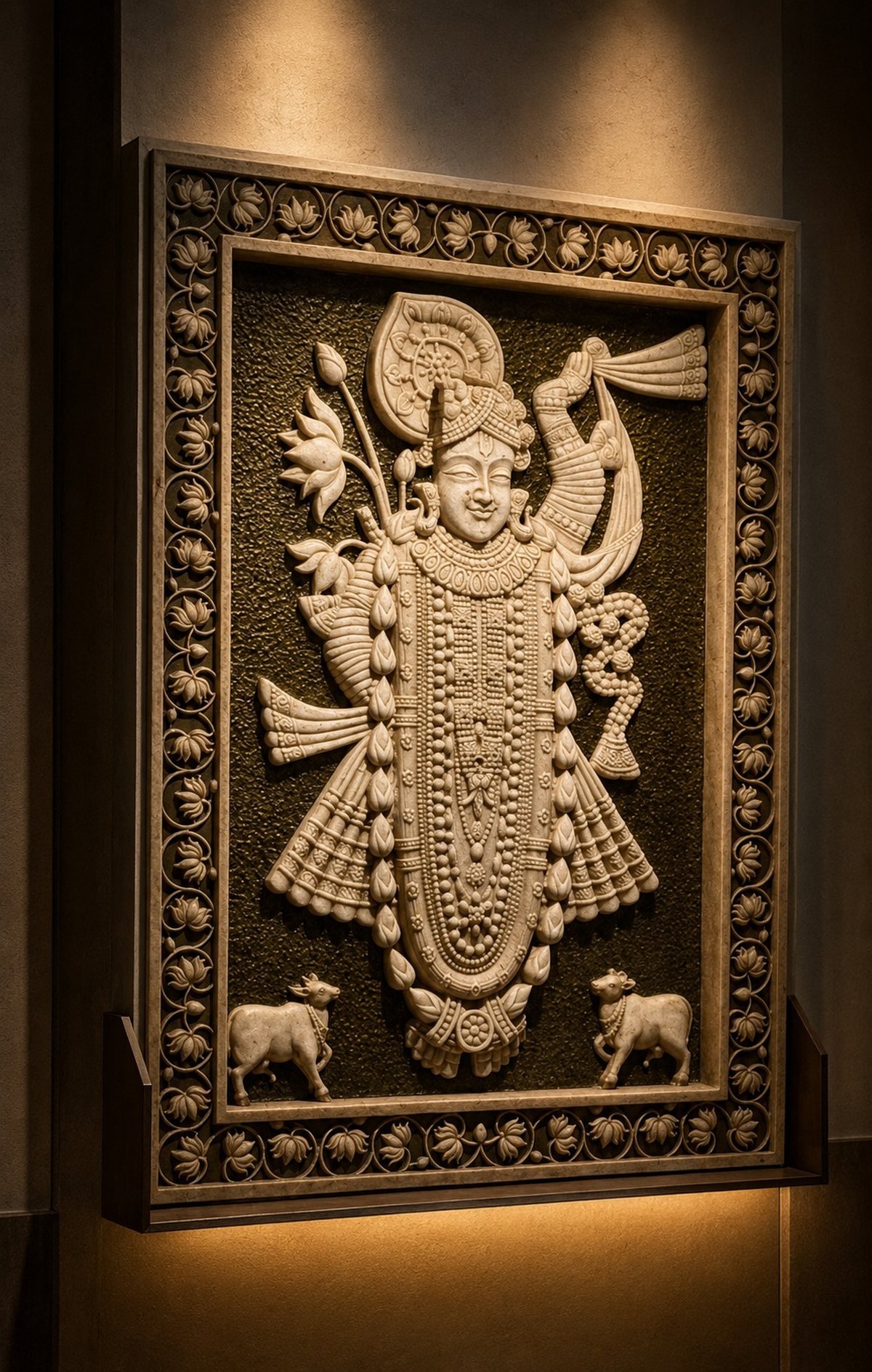Shrinathji, lotus frame — carved in beige marble