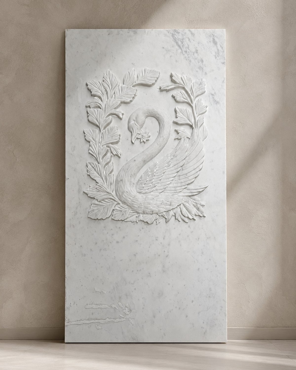 Swan, on the slab — carved in carrara marble