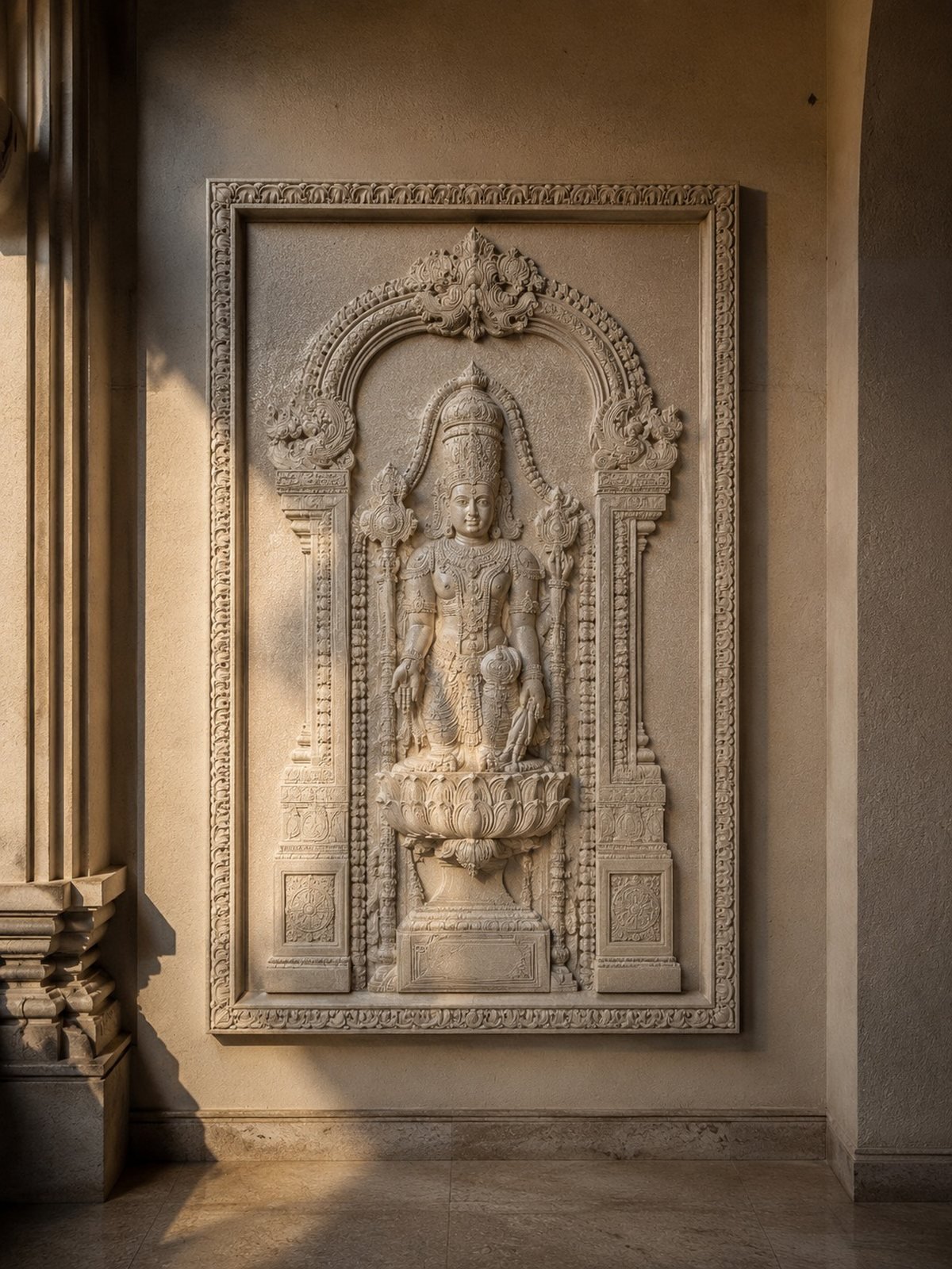 Vishnu, framed — carved in beige limestone